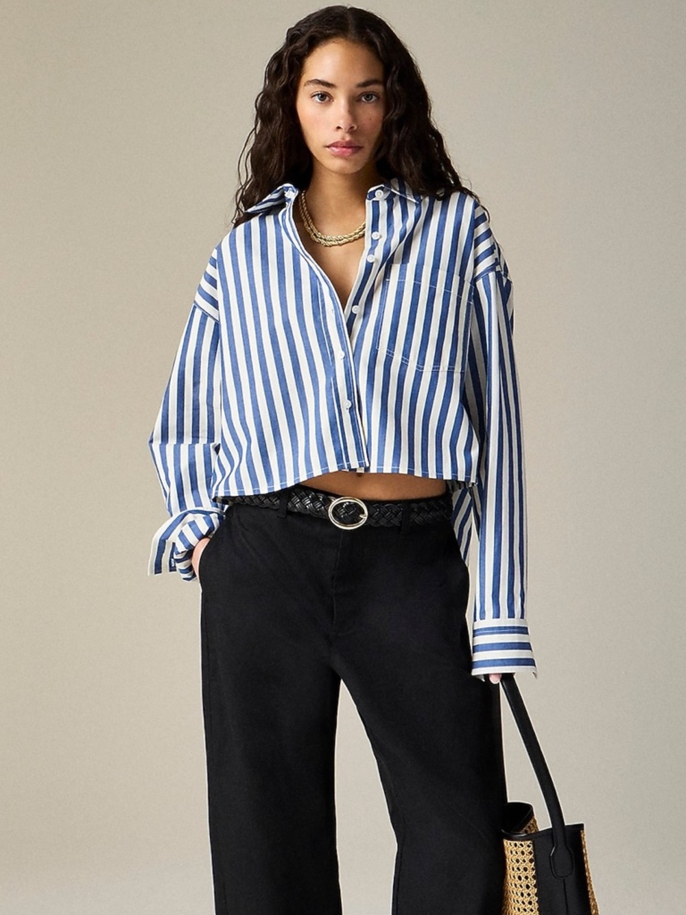 XL J. Crew Étienne Cotton Cropped Blue and White Stripe Button-Down Shirt Poplin